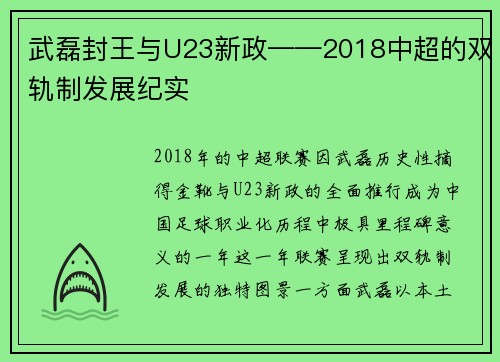 武磊封王与U23新政——2018中超的双轨制发展纪实